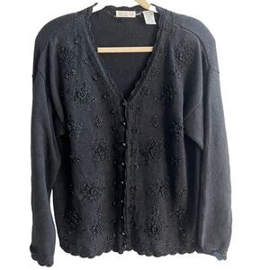 Vtg Black Knit Sweater Grandma Beaded Embroidery Flowers XL Grandma Yarnworks